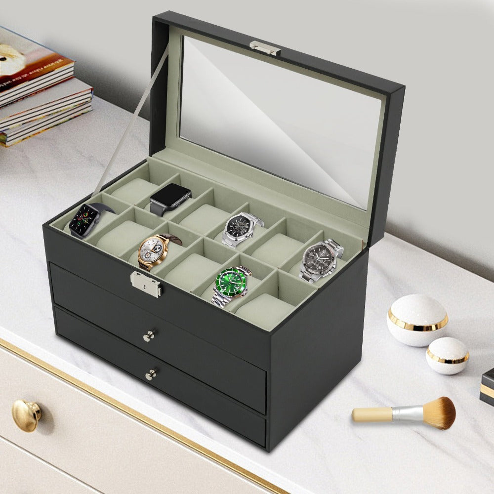Caja de Joyería, Estuche de Almacenamiento de Joyería con 2 Cajones, Organizador de Joyería de 3 Niveles, Estuche de Reloj con 12 Ranuras, Gabinete de Joyería de Escritorio para Pendientes y Anillos, Gran Regalo, Negro