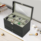 Caja de Joyería, Estuche de Almacenamiento de Joyería con 2 Cajones, Organizador de Joyería de 3 Niveles, Estuche de Reloj con 12 Ranuras, Gabinete de Joyería de Escritorio para Pendientes y Anillos, Gran Regalo, Negro