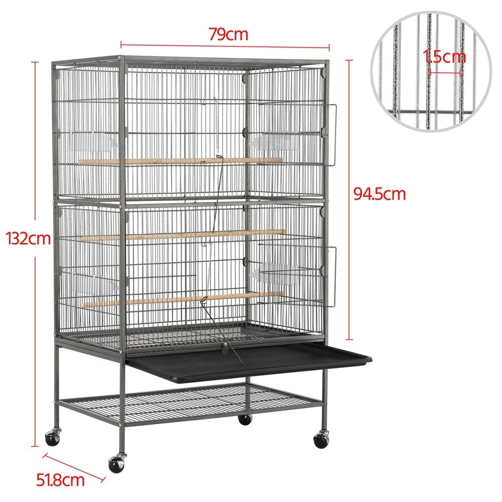 Jaula para pájaros con ruedas, 132 cm de altura, jaula grande para aves, pájaros y loros con compartimento de almacenamiento