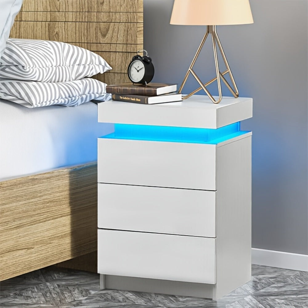 Mesita de noche LED con 3 cajones y 1 cajón superior, mesita de noche con brillo intenso en 4 lados, colores LED RGB, mesita de noche para dormitorio, sala de estar, muebles para el hogar, blanco
