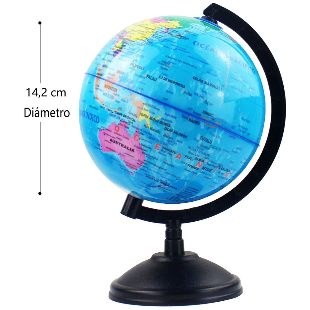 Globo Terráqueo en Español de 14 cm (Diámetro) – Esfera Giratoria Educativo y Decorativo, con Meridiano Graduado y Base Estable