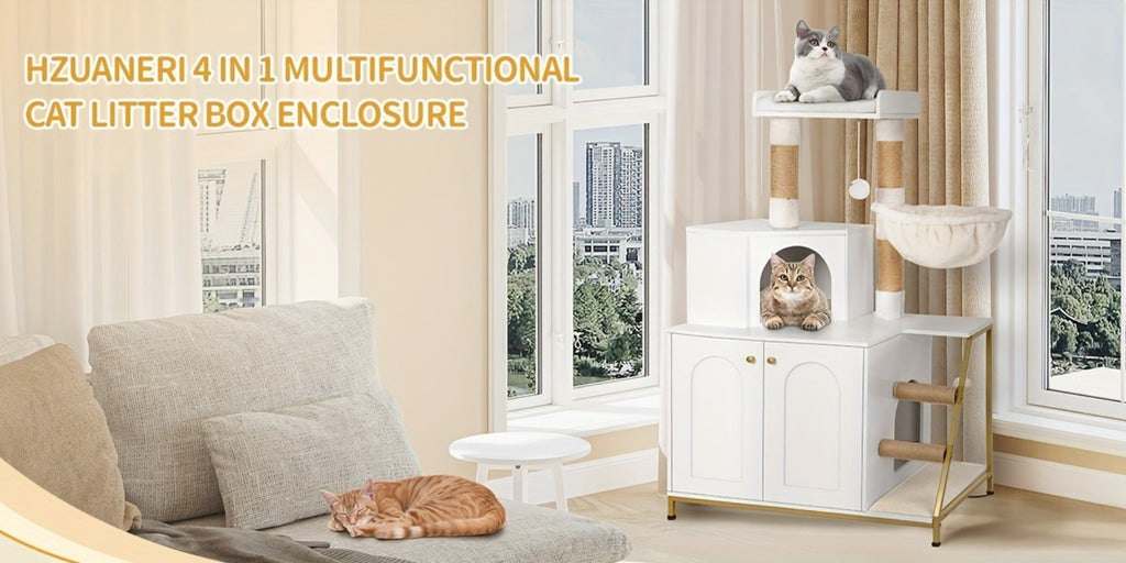 Árbol para Gatos con Gabinete para Caja de Arena, Gabinete para Gatos, Casa Moderna para Gatos 4 en 1 con Plataforma Grande, Casa para Gatos con Rascador de Sisal, Postes, Escaleras y Pompón, Cojines Lavables, Marfil Claro/Blanco