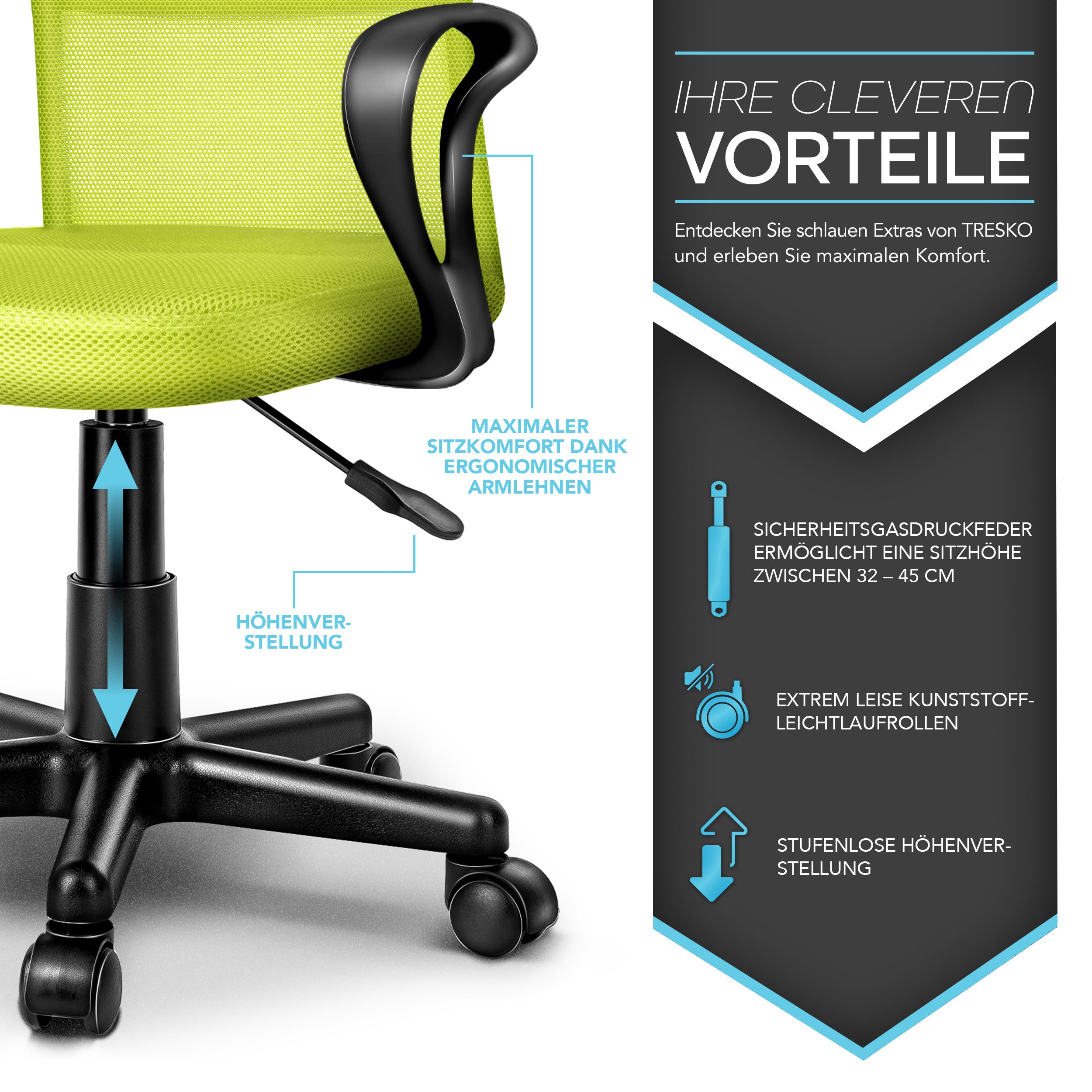Silla de Oficina TRESKO® con Reposabrazos, Altura Ajustable Continua | Silla Giratoria de Malla Transpirable | Silla de Escritorio con Ruedas de Plástico Ligeras, Superficie Acolchada, Ajuste Ergonómico | Silla de Ordenador Ideal para Oficina en Casa, Hab