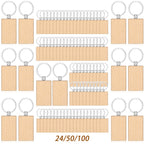 24/50/100 piezas de llaveros cuadrados de madera en blanco | Llaveros de madera sin terminar de alta calidad, etiquetas para grabado láser, discos pre-perforados, adornos hechos a mano, perfectos para proyectos, regalos de tallado en madera