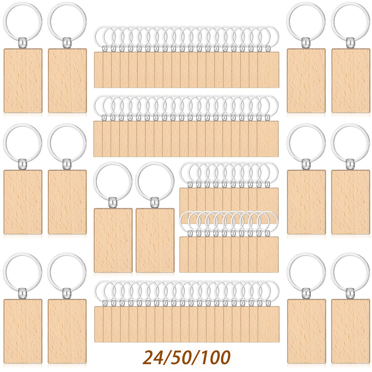 24/50/100 piezas de llaveros cuadrados de madera en blanco | Llaveros de madera sin terminar de alta calidad, etiquetas para grabado láser, discos pre-perforados, adornos hechos a mano, perfectos para proyectos, regalos de tallado en madera