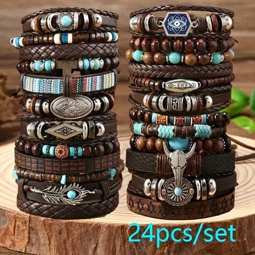 24 Piezas de Pulseras Retro con Cuentas Turquesa y Madera para Hombres y Mujeres - Cuero Sintético Marrón con Colgantes de Estrella y Pluma, Regalo Ideal para Amigos, Eventos Diarios o Campus product image