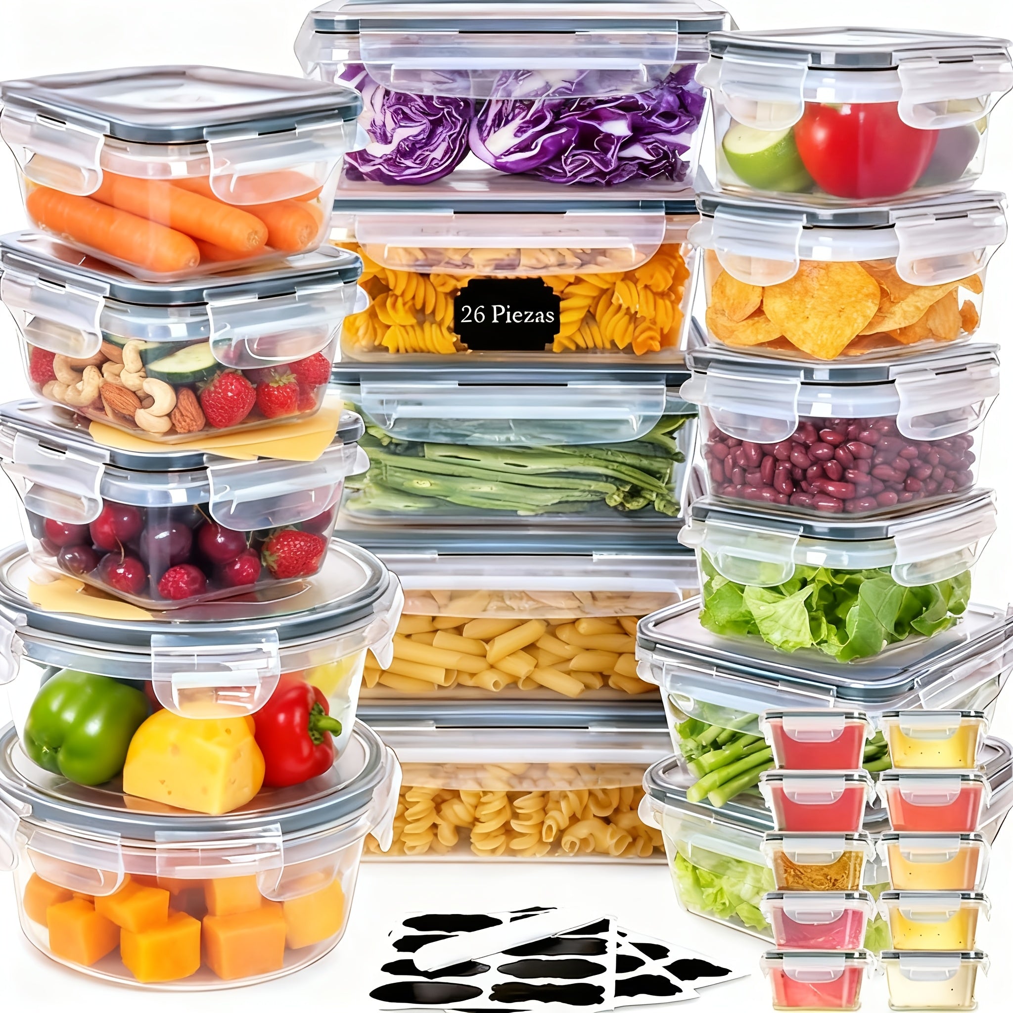 Bowls de Almacenamiento de Alimentos de Varios Tamaños, Juego de 26 Piezas/Juego de 14 Piezas, Contenedores de Organización de Cocina, Recipientes Apilables para Comidas, Aptos para Lavavajillas, Microondas y Refrigerador - Tamaños Versátiles para Almacen