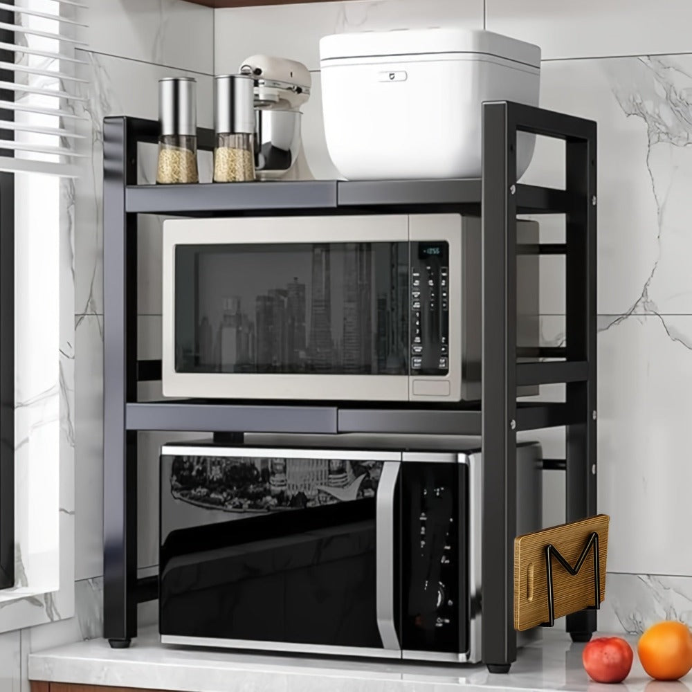 Estante Extensible para Microondas de 3 Niveles con 6 Ganchos, 3 Toallas, Porta Palillos, Porta Tablas de Cortar, Estante para Especias, Organizador de Cocina, Blanco y , Extensible de 40cm a 64cm