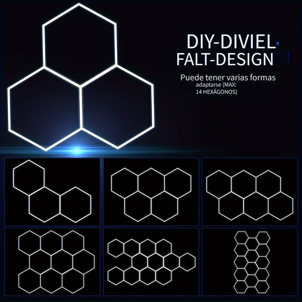 Luz de Garaje Hexagonal - Diseño Semi-Empotrado de 14 Agujeros, Marco Rectangular con Estructura de Panal LED, 6500K para Taller, Gimnasio, Peluquería, Oficina y Iluminación de Juegos