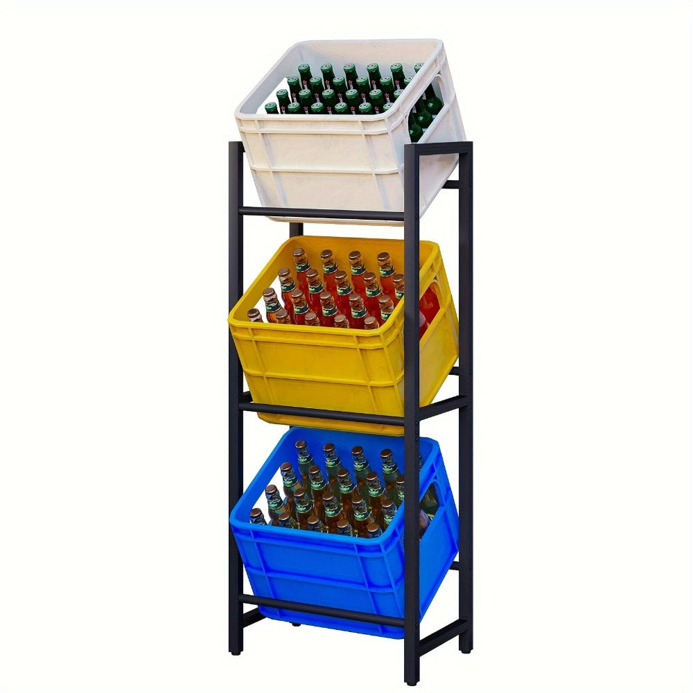 1 pza. Estante para cajones de bebidas de 3 niveles, diseñado para contener 3 cajones de bebidas, proporciona un soporte estable y ahorra espacio, hecho de metal, diseño de ángulo de inclinación con pies, acabado resistente al óxido, acabado negro.