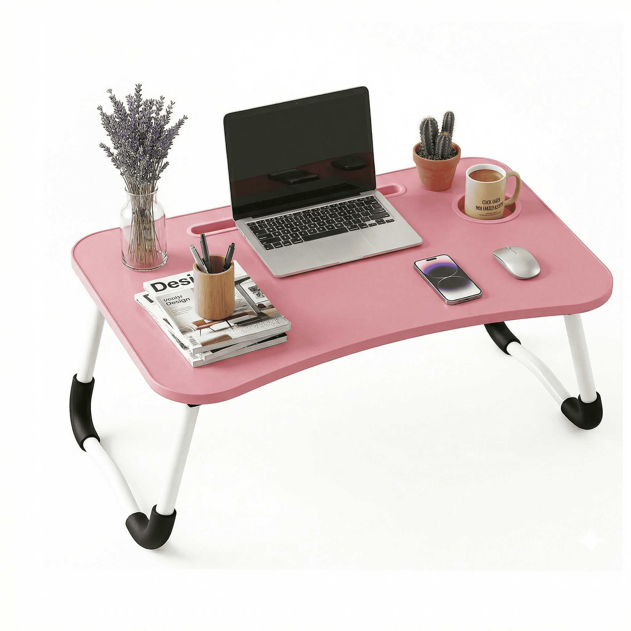 Mesa plegable para cama y sofá con portavasos, mesa auxiliar multifunción con atril para leer en la cama, bandeja multifunción para ordenador, libros, trabajo y estudio en casa (50x30x22cm)