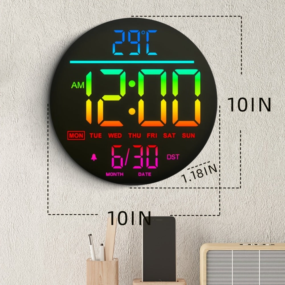 Reloj de pared digital grande de 25.4cm | Con pantalla LED grande, temporizador de cuenta regresiva de alarma, color RGB, DST automático, batería de respaldo preestablecida, control remoto, brillo de 5 niveles, campana musical, marco de plástico espejado