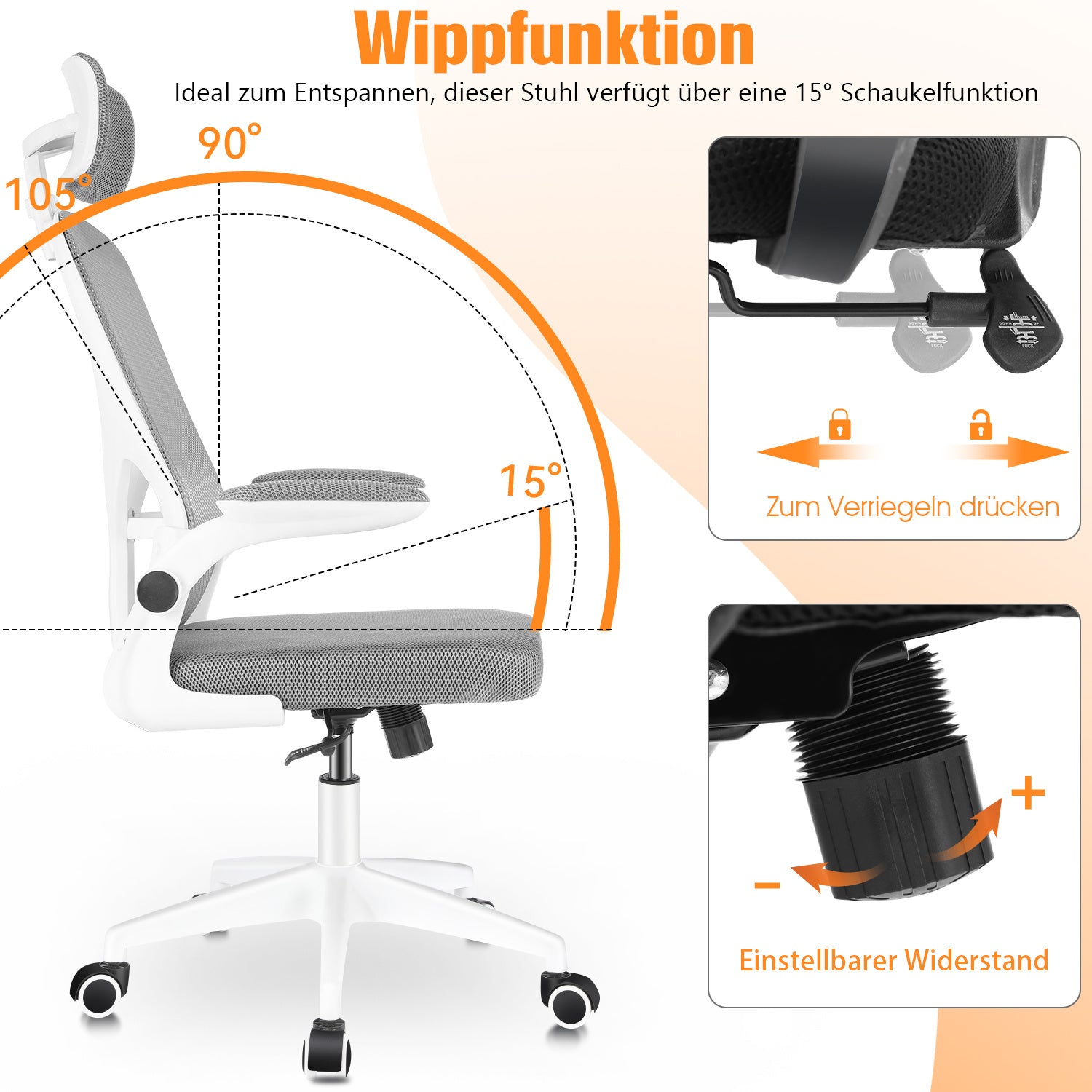 Silla de Oficina con Función de Inclinación de 105°, Silla de Oficina Ergonómica con Soporte Lumbar, Reposacabezas y Reposabrazos Ajustable, Silla Giratoria, Silla de Oficina de Altura Ajustable 120Kg, Blanca