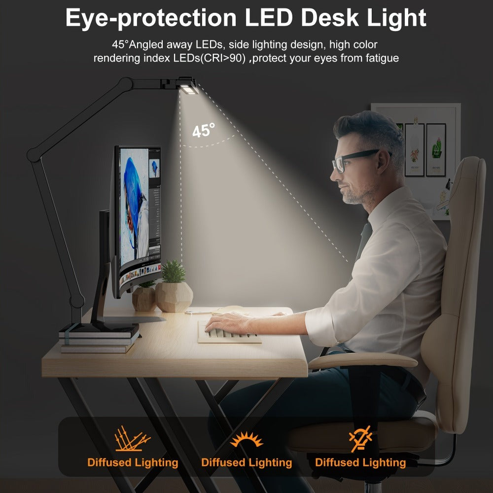 Lámpara de escritorio LED inteligente de cuello de cisne de 24W | Amplio pantalla multi pantalla, clip, iluminación de ángulo arbitrario, brillo y color ajustables, control táctil, gradación de color, montaje de mesa, uso en interiores, fuente de alimenta