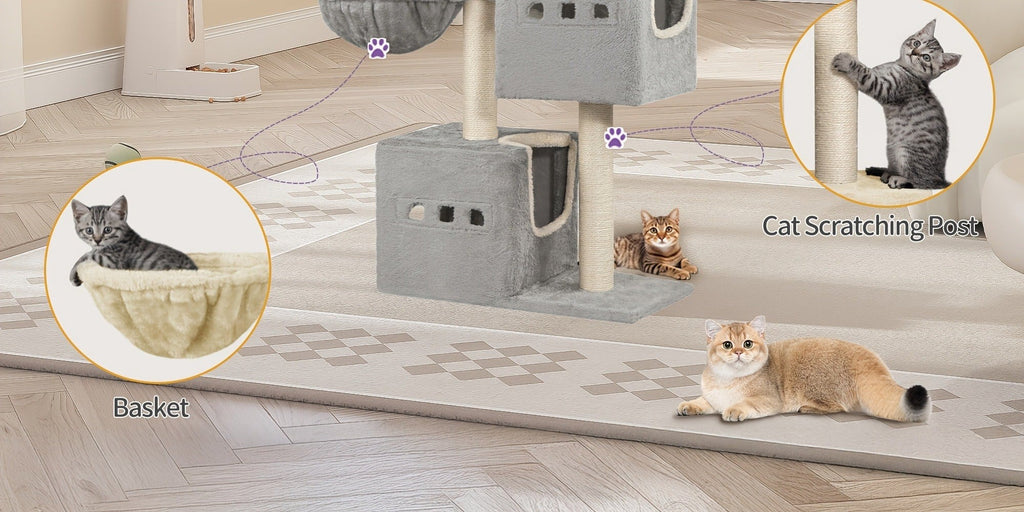 Árbol para Gatos de 98 cm, Árbol Pequeño con Perchas, Múltiples Niveles, Casa para Gatos con 2 Cuevas, Poste Rascador de Sisal y Hamaca