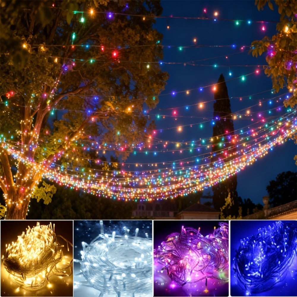 Guirnalda de luces LED de hadas de 100 m + 5 m de largo, 1000 cuentas LED, enchufe de salida de 31 V, luces LED de hadas para árbol de Navidad alimentadas por corriente con temporizador, función de memoria, 8 modos, decoraciones iluminadas para festividad