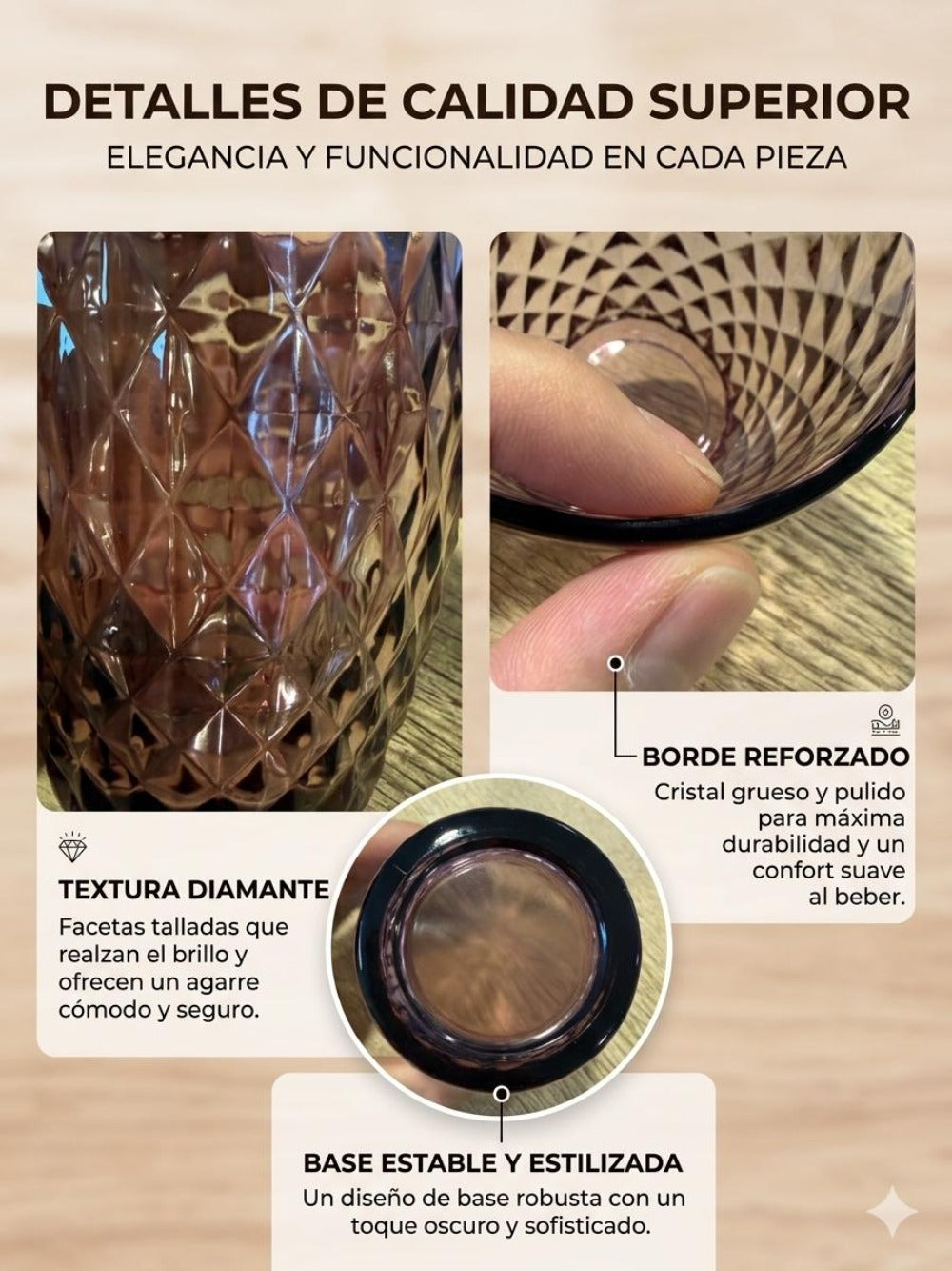 TRESV Set de 6 Vasos de Cristal 250ml | Diseño de Diamante Elegante | Aptos para Lavavajillas | Vidrio Sin Plomo para Agua y Refrescos