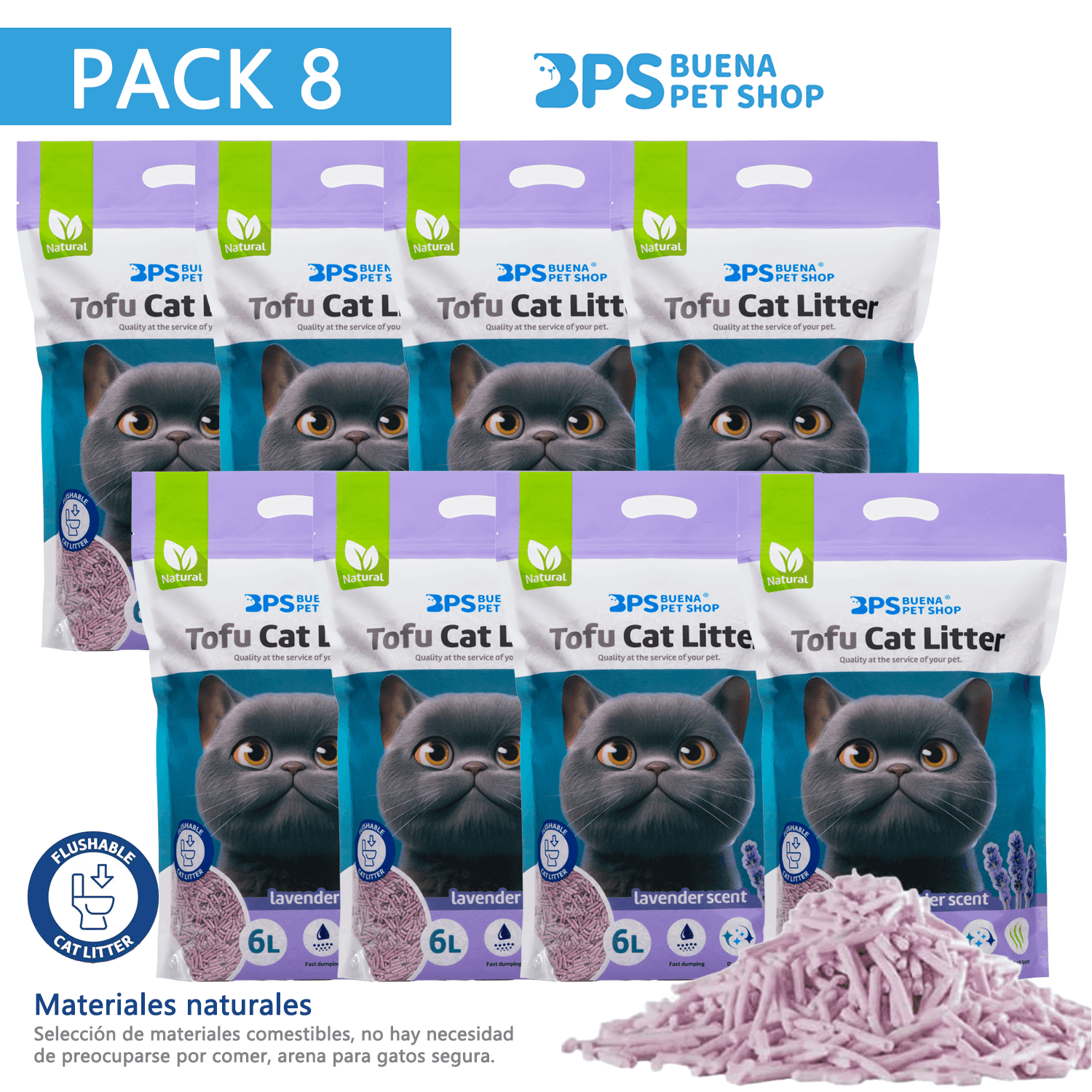 BPS Arena de Tofu para Gatos aglomera 6L Pack de 8 Bolsas- Sin Polvo Fácil de Aglomerar y Controla Olores - Biodegradable y Segura para Gatitos