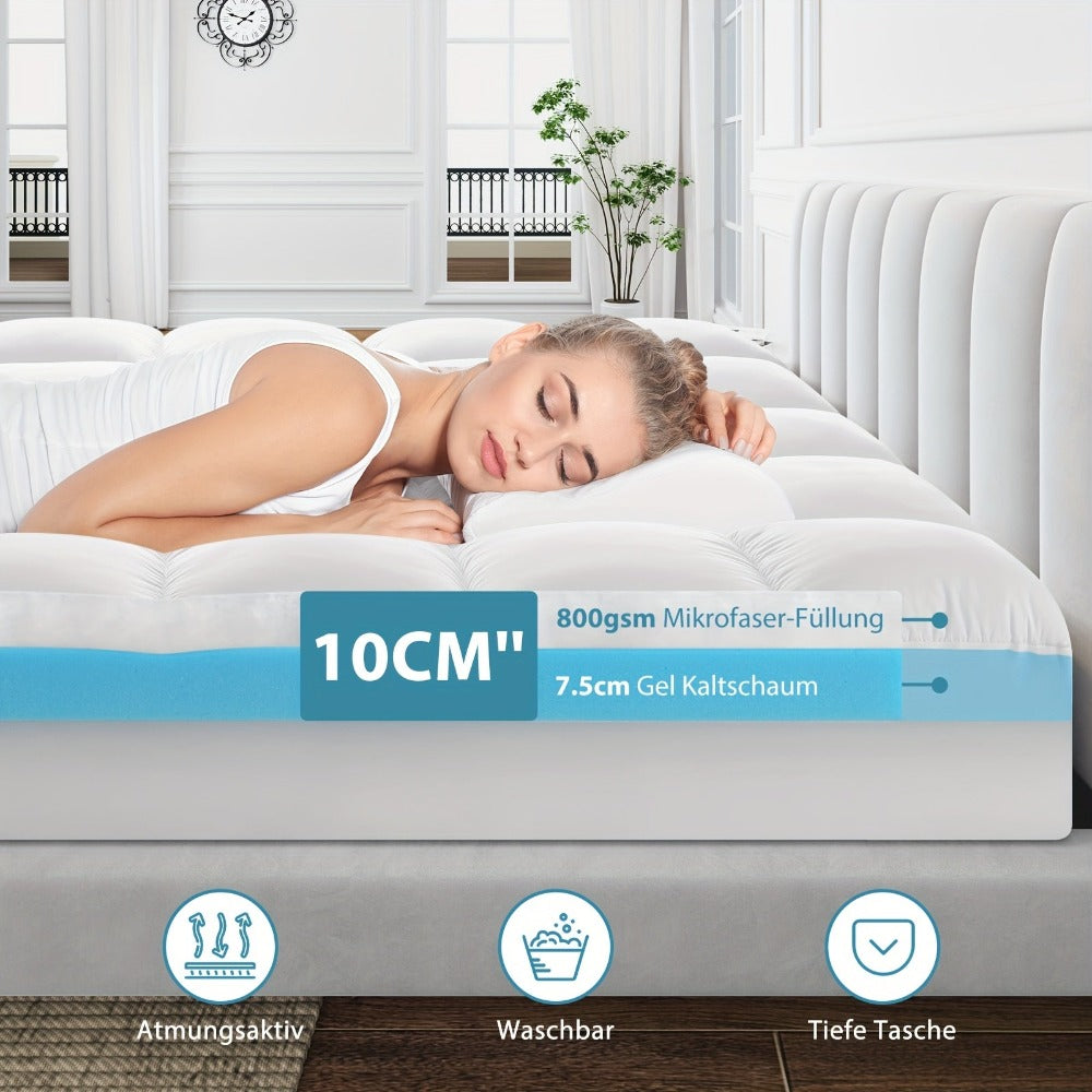 Colchón Topper de Doble Capa 10cm o 7.5cm con Almohadilla Transpirable de 2.5cm y Gel H3-H4 de 7.5cm o 5cm, Diseño de Bolsillo Profundo 360° y Funda Lavable a Máquina, Apto para Colchones 90x200, 120x140, 140x200, 160x200, 180x200, 200x200