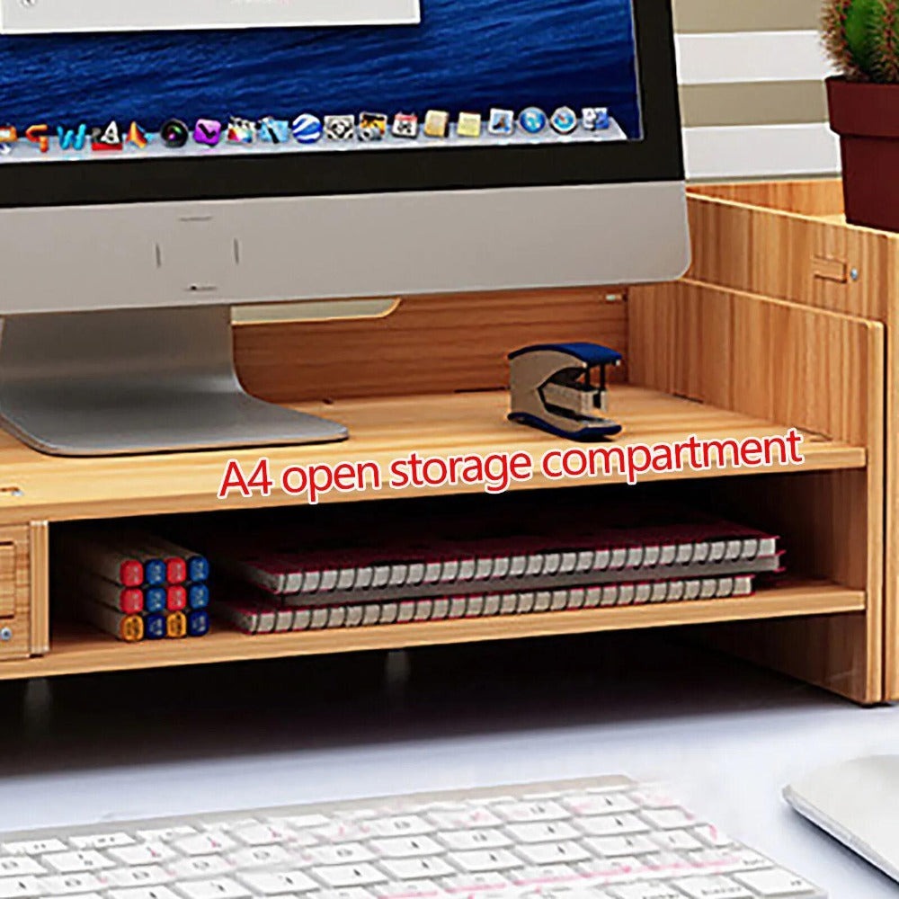 Organizador de escritorio de madera con cajones, material de oficina, escritorio de computadora, mesa de escritorio