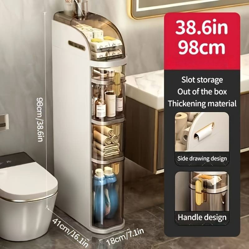 Armario de almacenamiento estrecho para baño de 5/4/3 niveles que ahorra espacio con cajones y soporte para papel higiénico - Organizador delgado independiente con estantes ajustables, construcción de plástico de alta calidad, armario de piso compacto par