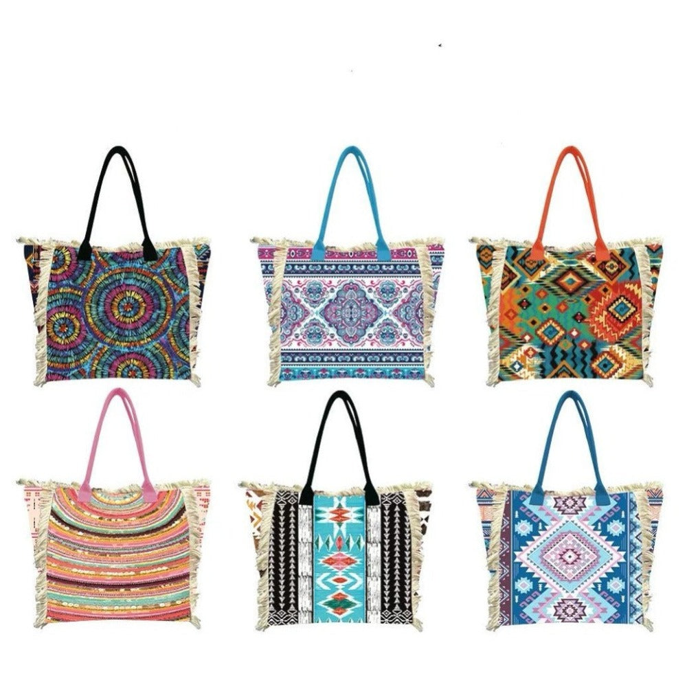 MEJORADA Bolso de playa grande con estampado bohemio, ideal para verano, con flecos de algodón, forro interior y bolsillos, 55×37×19 CM, tejido 100% poliéster