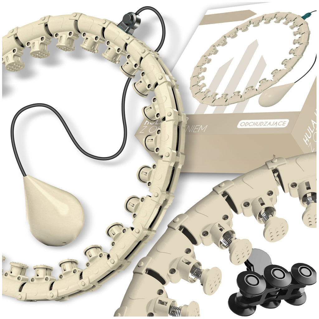 Aro de fitness inteligente adelgazante con masajeador con peso en color beige. Dispositivo de ejercicio abdominal y de cintura ajustable con carga de gravedad. Cinturón de entrenamiento modular Smart PRO+ con contador de RPM. 24 segmentos que permiten un
