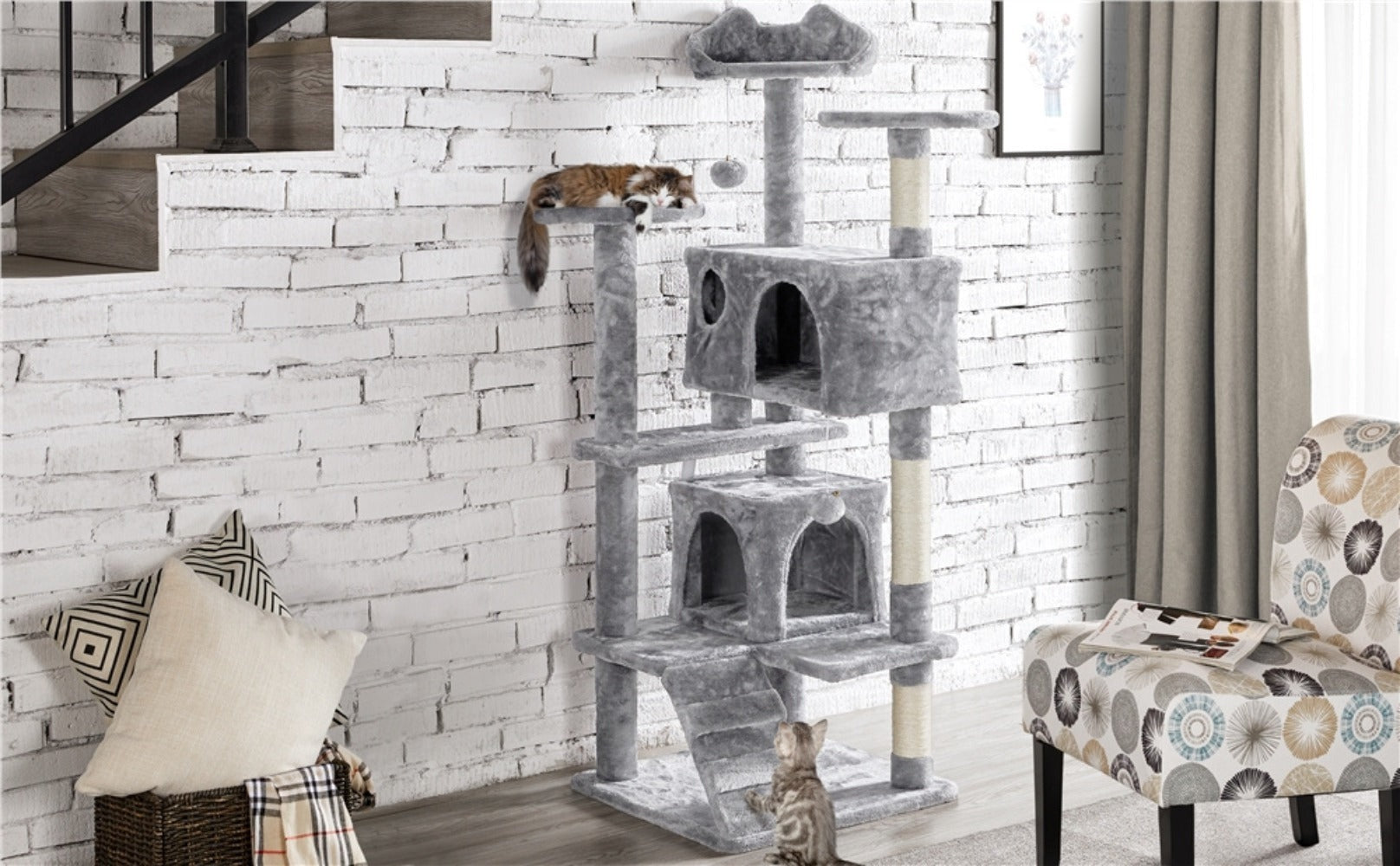 Costoffs Poste para Rascar de Gatos de 138 cm, Árbol Resistente con Pelota de Juego y Cueva para Gatos, Torre de Rascado y Escalada para Gatos, Casa para Gatos