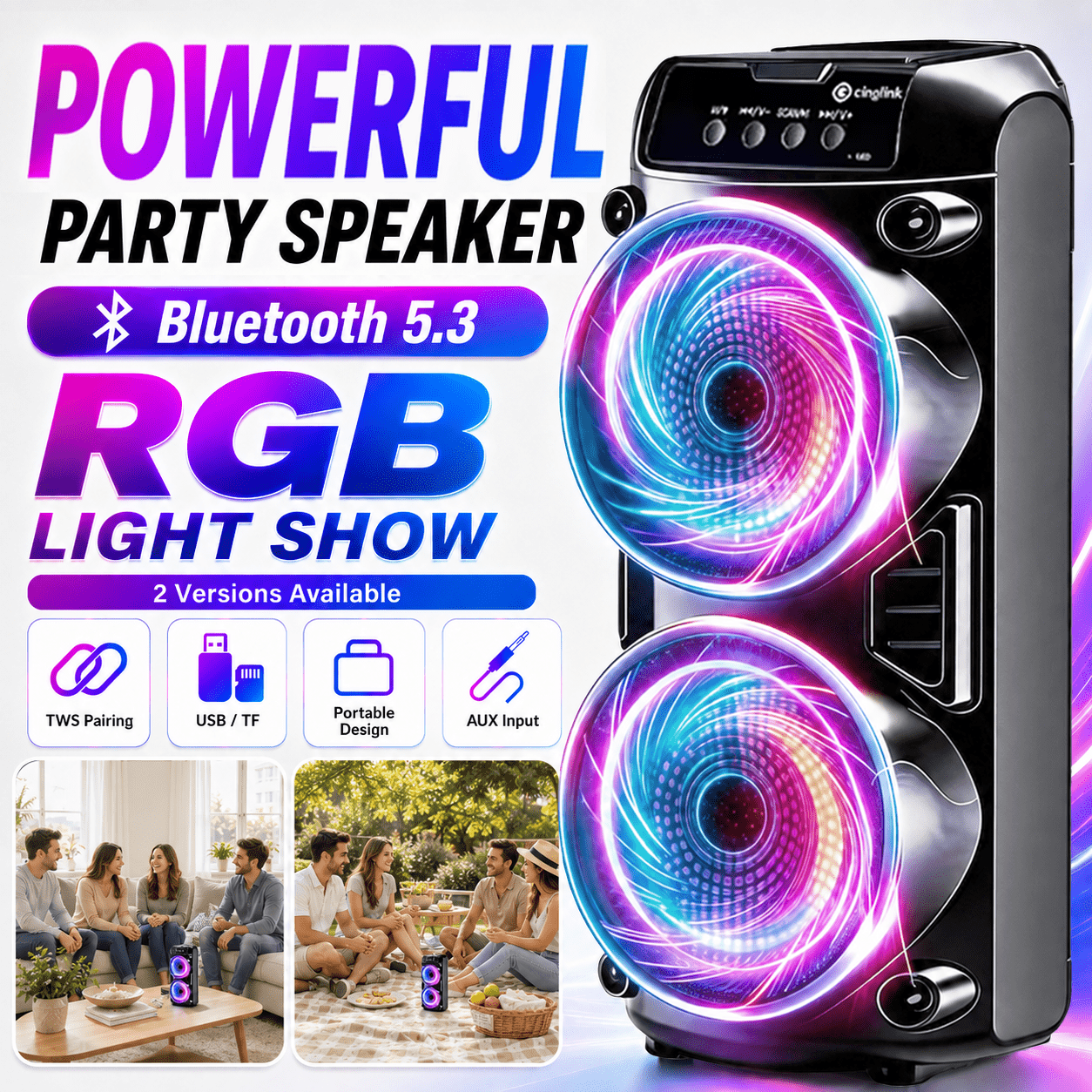 Altavoz Inalámbrico Portátil con Micrófono Conectable, Luces de Colores Multimodo. Compatible con Tarjeta TF, USB Tipo-C y Radio FM, Ideal para Fiestas, Karaoke Disco, Camping al Aire Libre