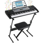 Teclado electrónico de 61 teclas diseñado para principiantes, con piano digital de 500 tonos y un modo de enseñanza de tres niveles. Incluye soporte de piano, taburete, pantalla LCD y atril.