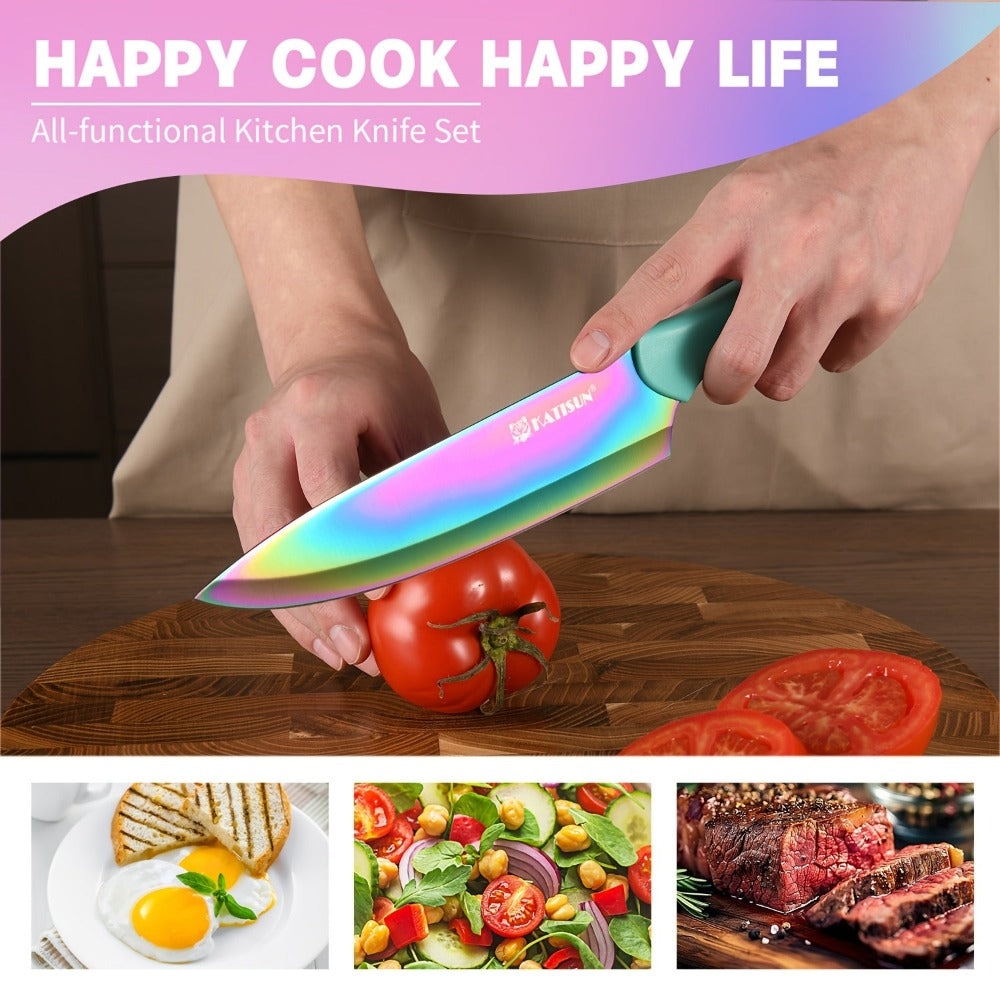 Juego de cuchillos de cocina de acero inoxidable con revestimiento antiadherente, juego de 15 cuchillos de cocina profesionales con bloque de madera negra, mango de ABS antideslizante para cuchillos de chef, tabla de cortar de plástico y tijeras de cocina
