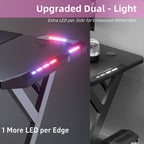 Escritorio gaming resistente en forma de Y con luces LED RGB duales, mesa de ordenador con portavasos y gancho para auriculares, superficie ergonómica de fibra de carbono, mesa para gamers para oficina en casa, dormitorio, negro
