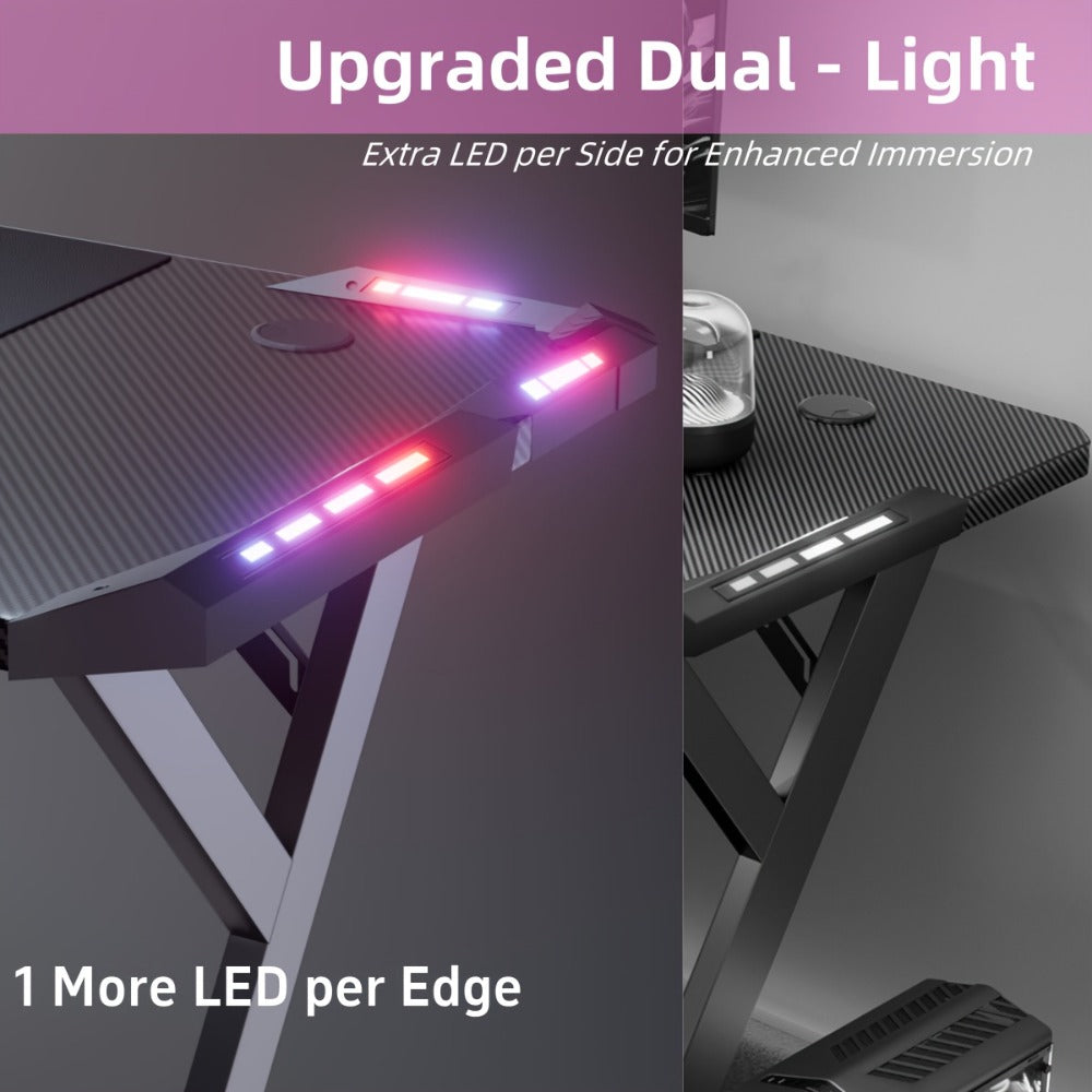 Escritorio gaming resistente en forma de Y con luces LED RGB duales, mesa de ordenador con portavasos y gancho para auriculares, superficie ergonómica de fibra de carbono, mesa para gamers para oficina en casa, dormitorio, negro