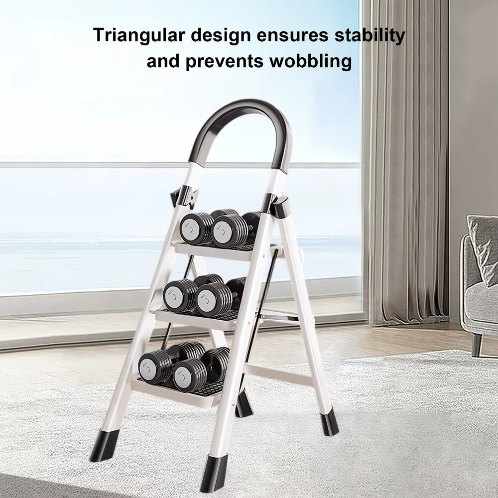 Escalera plegable de acero inoxidable, escalera portátil multifuncional, equipada con pedales anchos antideslizantes, ligera, duradera y compacta, fácil de transportar. Adecuada para el hogar, la oficina, el dormitorio, la cocina y el jardín, etc. Escenar