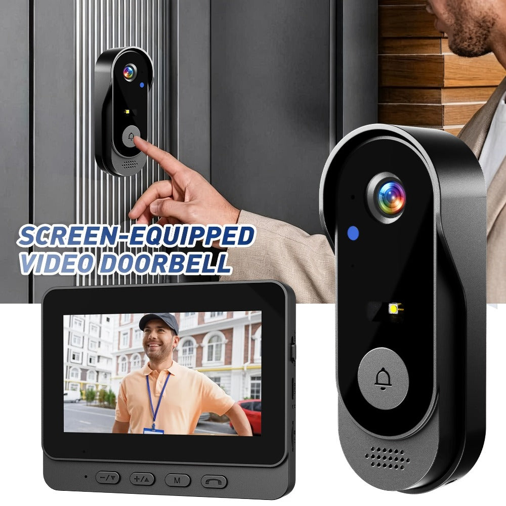 Timbre de video sin varillas con pantalla de 4.3 pulgadas, kit de cámara de seguridad para timbre sin varillas que incluye visión nocturna, intercomunicador bidireccional, grabación de imágenes y vídeo, almacenamiento ampliable con tarjeta SD, apto para v