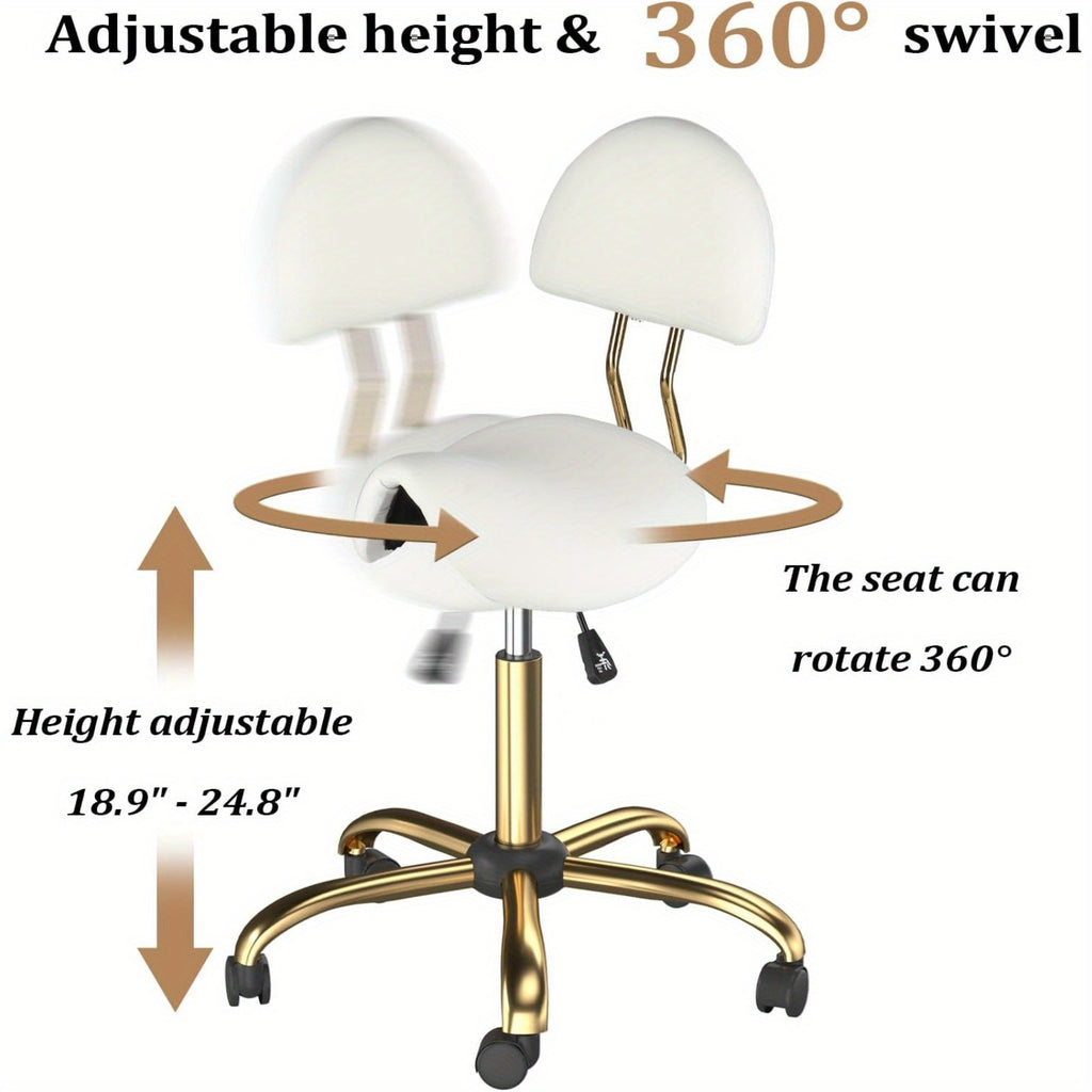 Taburete Bonnlo con Respaldo Extraíble, Taburete Giratorio de 360°, Taburete de Altura Ajustable (48-63Cm), Taburete Ergonómico con Ruedas y Capacidad de Carga de 180Kg para Salón/Oficina/Bar, Cuero Sintético (Blanco-Dorado, 40X34X91)