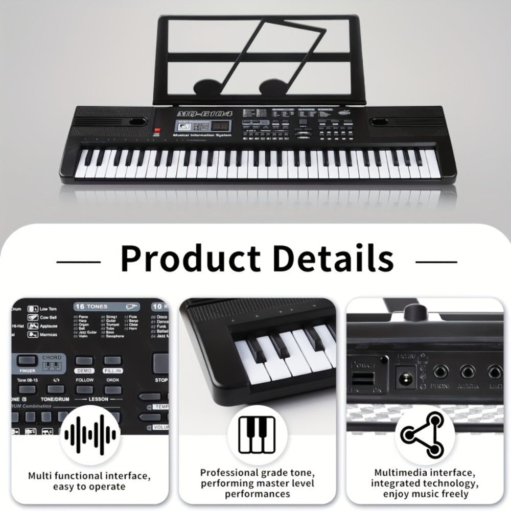 Piano electrónico de 61 teclas, piano ideal para principiantes, piano electrónico portátil, con 16 tonos, 8 efectos de sonido de percusión, 10 ritmos, 6 demostraciones, altavoces incorporados, sonido de alta calidad, es la mejor opción para entusiastas de