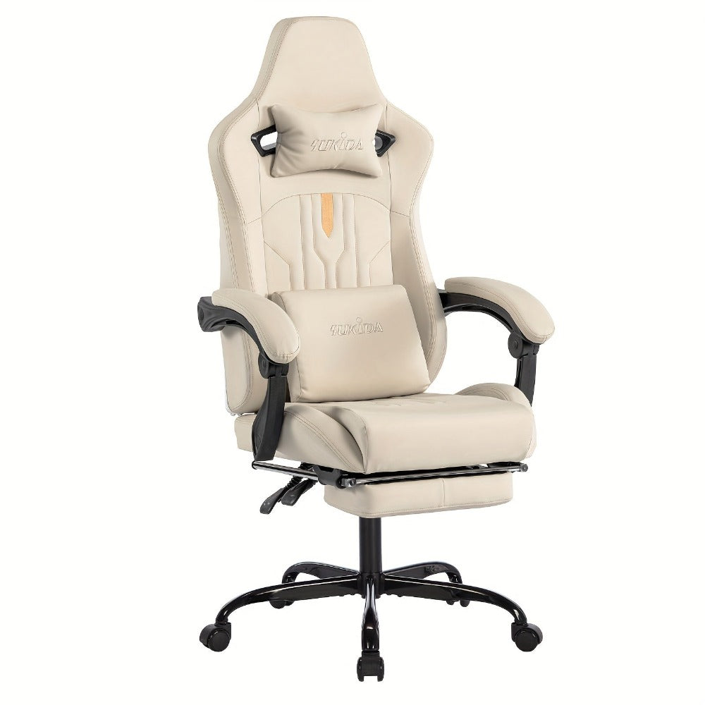 Silla de Juego y Oficina, Silla de Computadora con Reposapiés, Reposacabezas y Soporte Lumbar, Silla Ergonómica, Silla Giratoria y Ajustable en Altura, Opciones en Gris, Beige, , Marrón y Verde