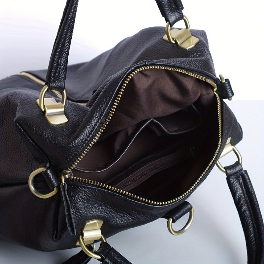 Mochila de cuero genuino para mujer - Diseño elegante y minimalista con herrajes dorados, compartimentos grandes con cremallera y correa de hombro ajustable, versátil para trabajo, viajes y uso diario, bolso de mano de lujo con forro acolchado