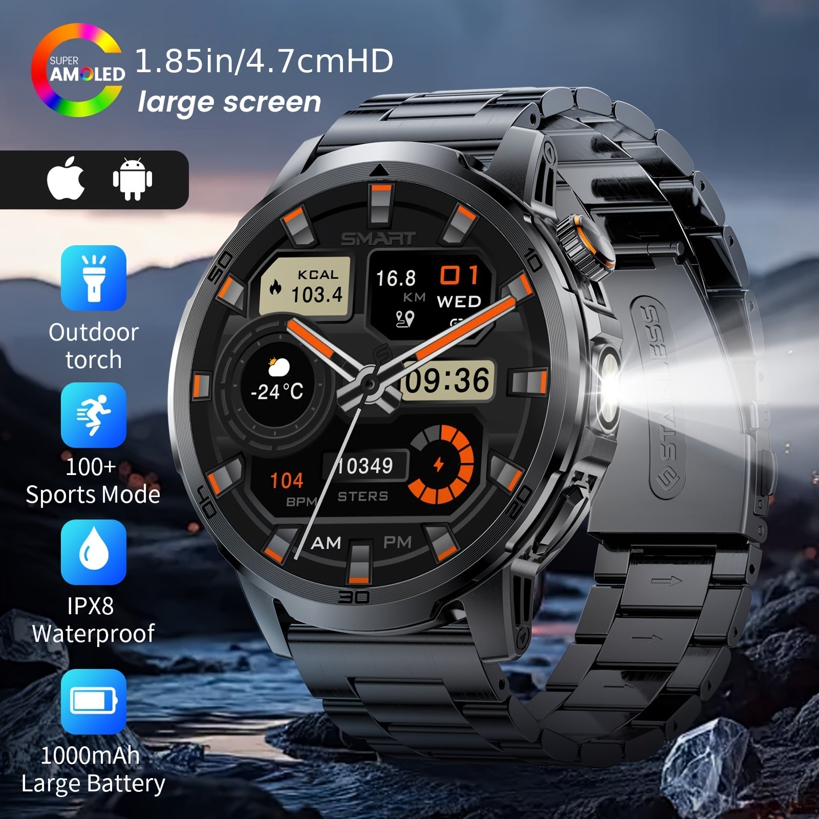 Reloj Inteligente LIGE para Hombres con Llamadas, Batería de 1000mAh/Linterna/Dos Cables de Carga, Pantalla HD Grande de 1.85 Pulgadas, Reloj de Fitness con 100+ Modos Deportivos, Monitor de Sueño IPX8 para Android e IOS