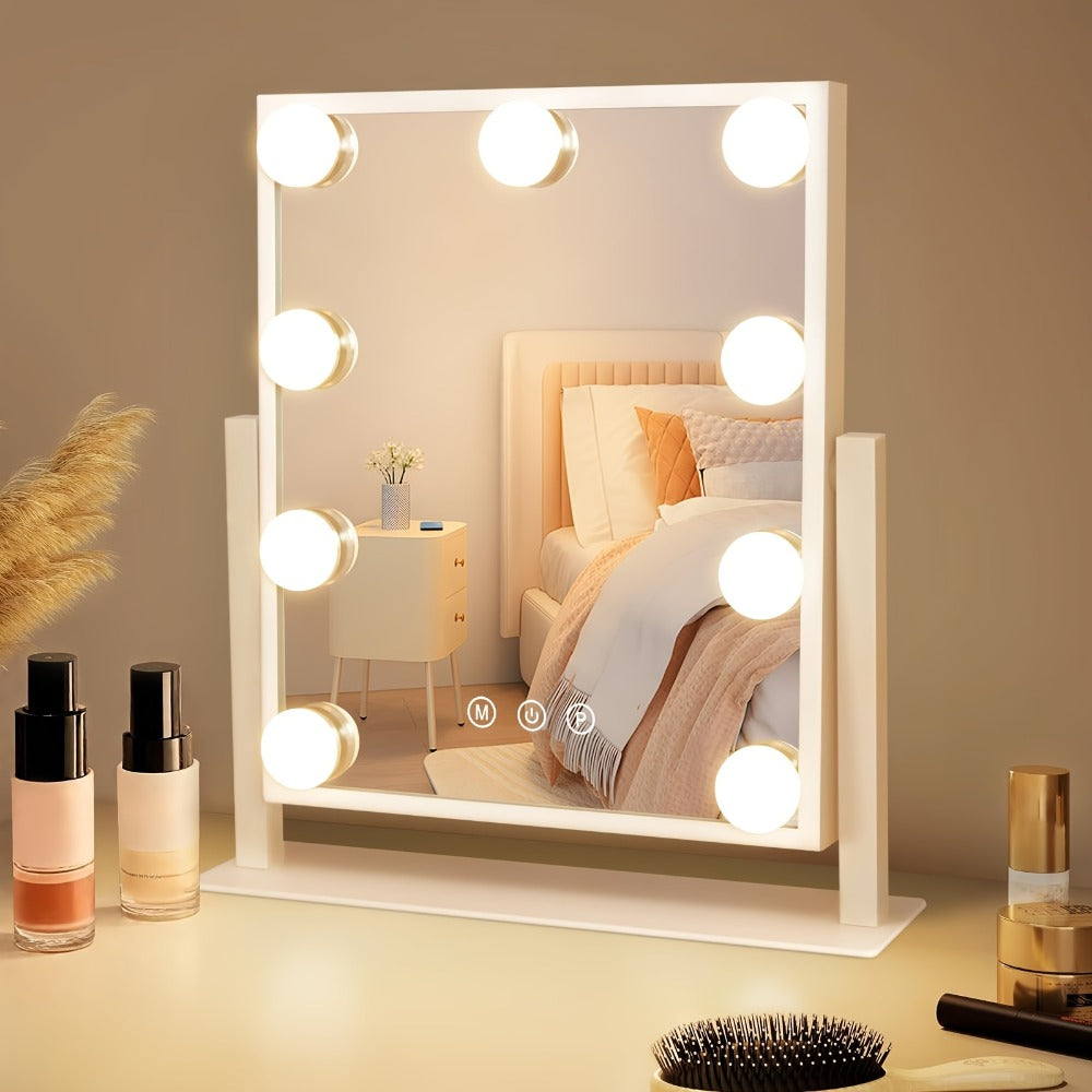 Espejo de maquillaje Hollywood con iluminación - Espejo de tocador con 14 luces LED, puerto USB, espejo cosmético de 50x40 cm - Espejo de tocador táctil regulable con 3 modos