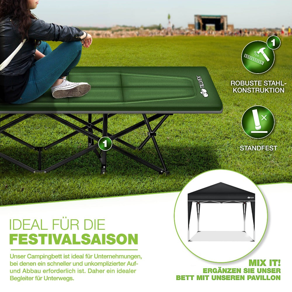Tillvex® Cama Plegable para Camping con Bolsa de Transporte, Soporta Hasta 200 kg, Cama Extra Ancha para Camping, Cama de Campaña, Cama de Pesca para Uso en Exteriores e Interiores, Cama Plegable para Invitados, Portátil para Jardín, Camping, Pesca, Festi