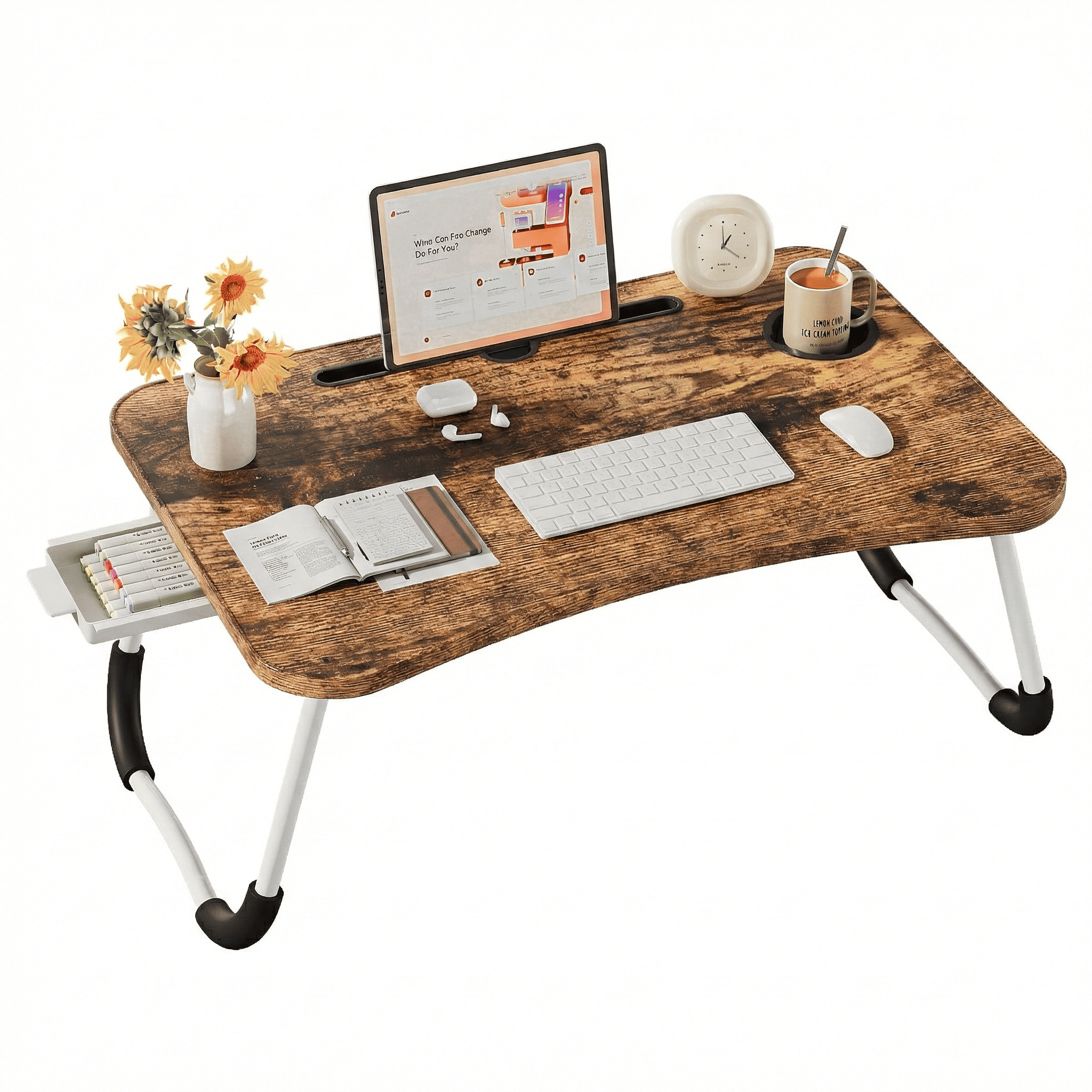 Mesa plegable multifunción para cama y sofá con portavasos, 60×40×28 cm, mesa auxiliar con atril para leer en la cama, bandeja multifunción para ordenador, libros, trabajo y estudio en casa (con cajón / sin cajón)