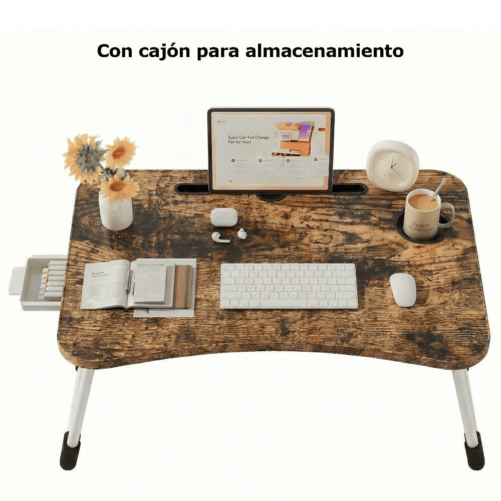 Mesa plegable multifunción para cama y sofá con portavasos, 60×40×28 cm, mesa auxiliar con atril para leer en la cama, bandeja multifunción para ordenador, libros, trabajo y estudio en casa (con cajón / sin cajón)