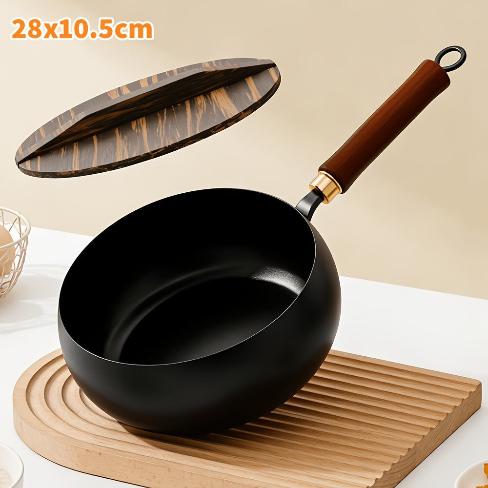 Sartén de hierro fundido duradera, fondo redondo, sartén de hierro forjado sin recubrimiento, fácil de limpiar, apta para estufas de inducción y gas, utensilios de cocina multifuncionales, apta para el hogar, restaurante y camping al aire libre, incluye t