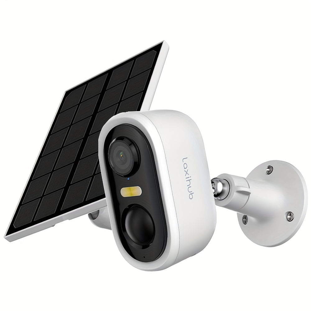 Cámara de seguridad inalámbrica con panel solar para exteriores LaxiHub, visión nocturna FHD de 3MP, foco, batería sin cables de 5200mAh, detección humana PIR, audio bidireccional, almacenamiento en tarjeta SD/nube, cámara de visión nocturna a color, cáma