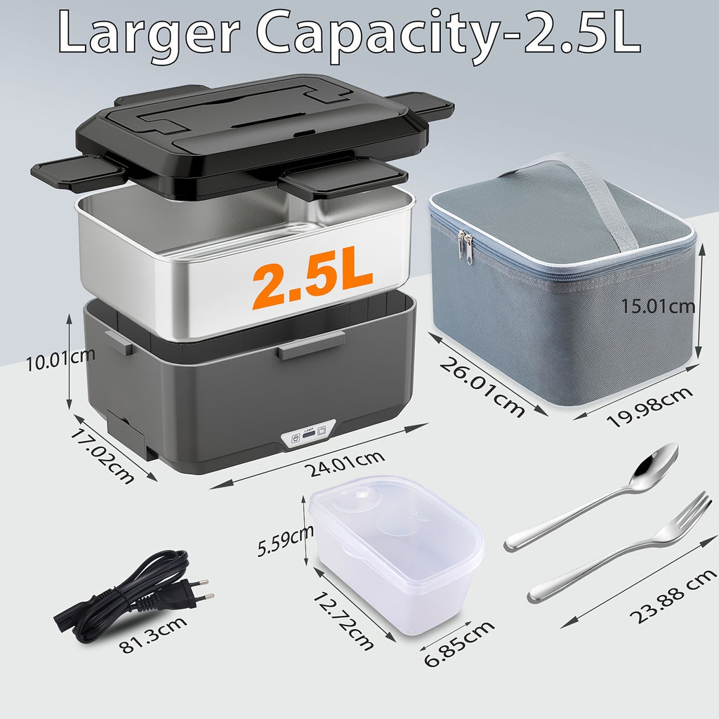 Caja de Almuerzo Portátil con Calentamiento - Capacidad de 2.5 Litros, Acero Inoxidable, Pan Desmontable, Adecuada para Coche, Camión, Oficina, Enchufe Tipo - para Vehículo o Calentamiento (Bolsa Aislante Incluida)
