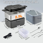 Caja de Almuerzo Portátil con Calentamiento - Capacidad de 2.5 Litros, Acero Inoxidable, Pan Desmontable, Adecuada para Coche, Camión, Oficina, Enchufe Tipo - para Vehículo o Calentamiento (Bolsa Aislante Incluida)