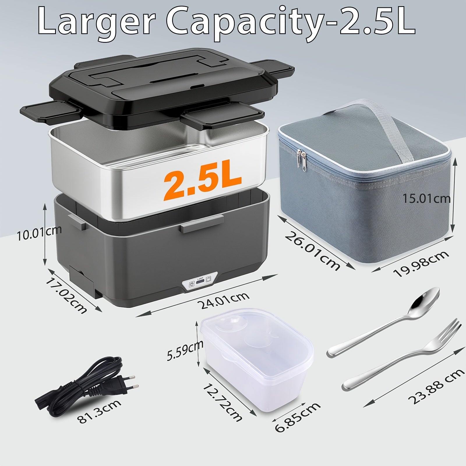 Caja de Almuerzo Portátil con Calentamiento - Capacidad de 2.5 Litros, Acero Inoxidable, Pan Desmontable, Adecuada para Coche, Camión, Oficina, Enchufe Tipo - para Vehículo o Calentamiento (Bolsa Aislante Incluida)