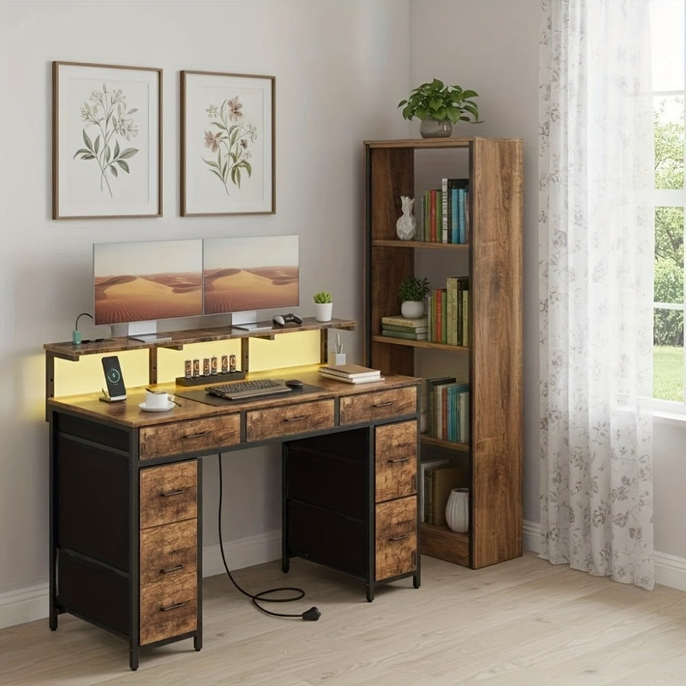 Hlfurninova Escritorio para Computadora con 8 Cajones de Almacenamiento de Tela, Escritorio para Oficina en Casa con Soporte para Monitor, Escritorio Gaming con Luces LED y Toma de Corriente, Escritorio para Estudio en el Dormitorio, 119.38 cm, 4 Colores